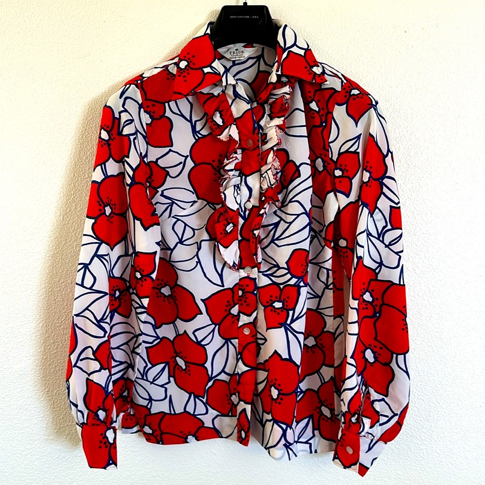 Prior Westerns Red/White/Blue Ruffled Floral Button-down Top sz SML